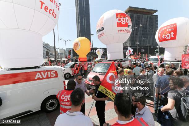 Balloons of French CGT union are displayed during a demonstration on April 19, 2018 in Paris, as part of a multi branch day of protest called by...