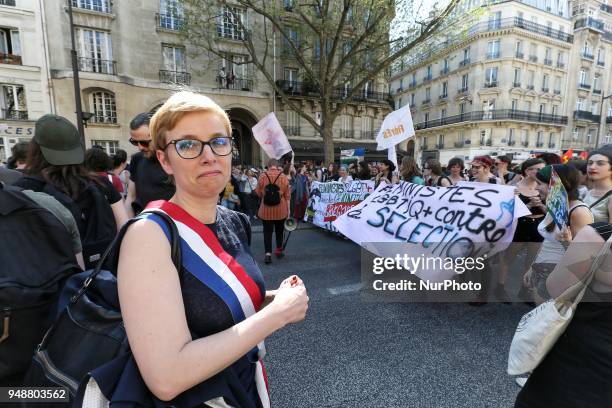 Leftist La France Insoumise party MP Clementine Autain takes part in a demonstration on April 19, 2018 in Paris, as part of a multi branch day of...