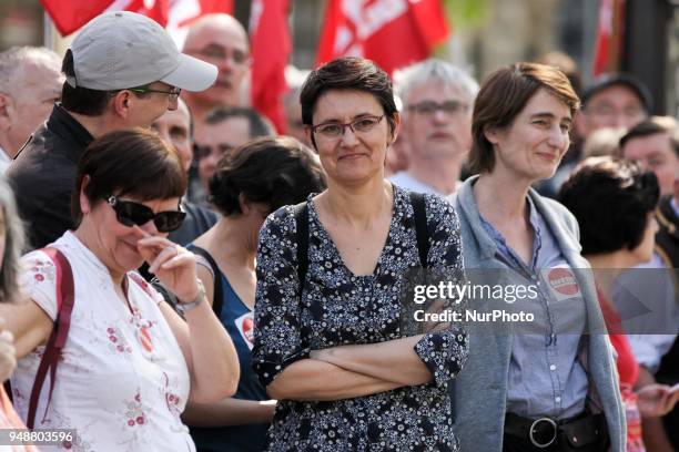 French former far-left Lutte Ouvriere party presidential candidate Nathalie Arthaud takes part in a demonstration on April 19, 2018 in Paris, as part...