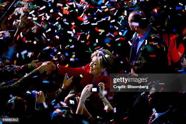 Hillary Clinton, U.S. Senator from New York and 2008 Democratic presidential candidate, greets supporters at a primary night event in Columbus, Ohio,...