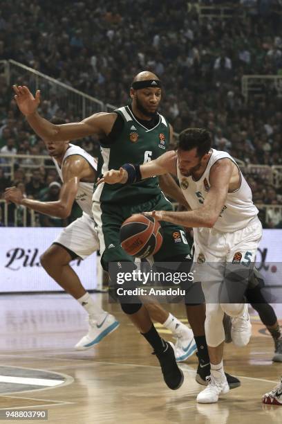 Adreian Payne of Panathinaikos Superfoods in action against Rudy Fernandez of Real Madrid during Turkihs Airlines Euroleague Quarter Finals second...