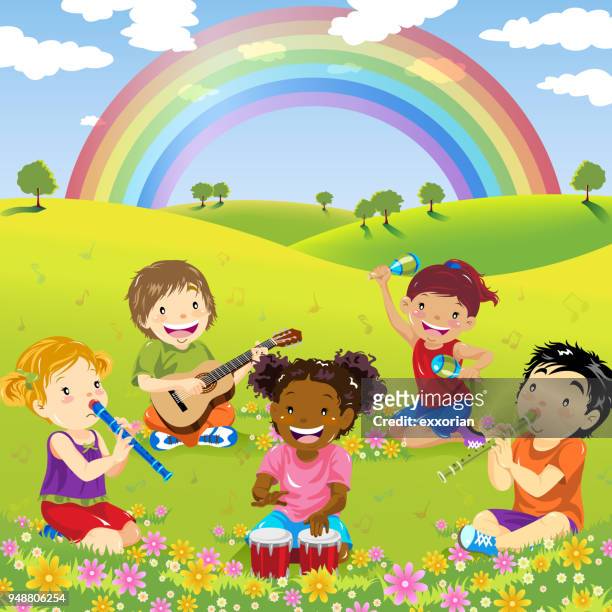 children playing music in nature - recorder musical instrument stock illustrations