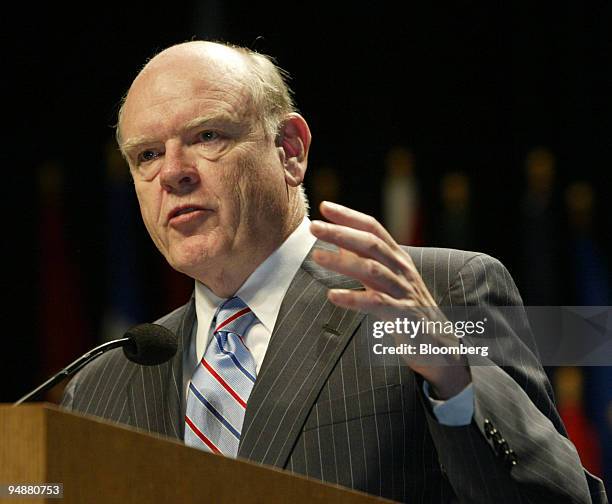 United States Treasury Secretary John Snow addresses the Boards of Governors during annual meetings of The World Bank and International Monetary...