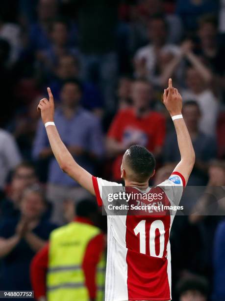 Hakim Ziyech of Ajax celebrates 4-1 during the Dutch Eredivisie match between Ajax v VVV-Venlo at the Johan Cruijff Arena on April 19, 2018 in...