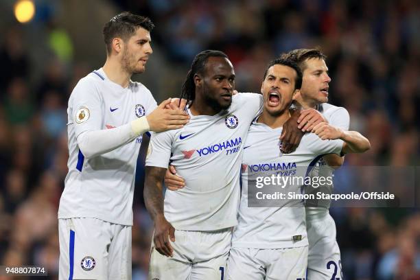 Victor Moses of Chelsea celebrates with teammates Alvaro Morata , Cesar Azpilicueta and Pedro after scoring their 2nd goal during the Premier League...