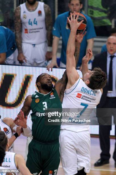 Rivers, #3 of Panathinaikos Superfoods Athens competes with Luka Doncic, #7 of Real Madrid during the Turkish Airlines Euroleague Play Offs Game 2...