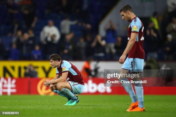 James Tarkowski of Burnley looks dejected after the Premier League match between Burnley and Chelsea at Turf Moor on April 19, 2018 in Burnley,...