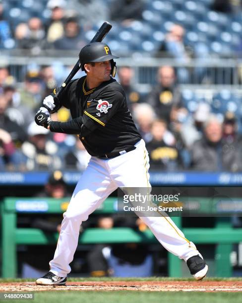 David Freese of the Pittsburgh Pirates bats during the game against the Colorado Rockies at PNC Park on April 18, 2018 in Pittsburgh, Pennsylvania.