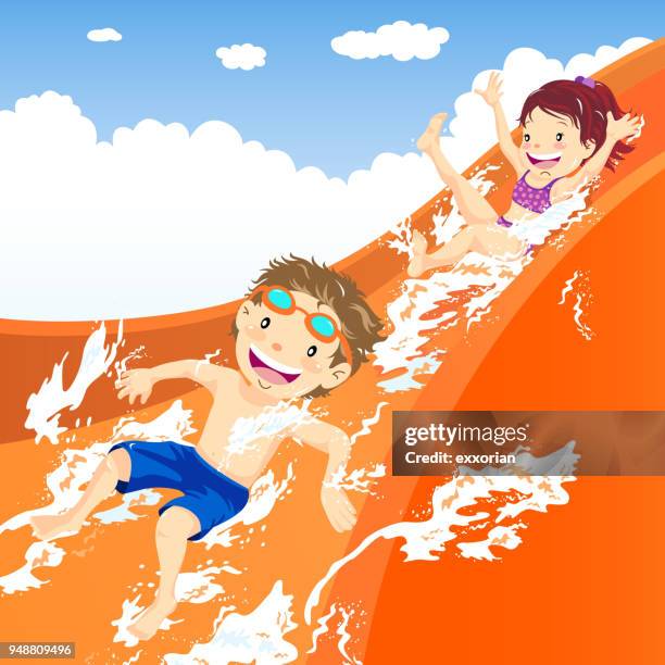 kids splash down the water slide - water slide stock illustrations