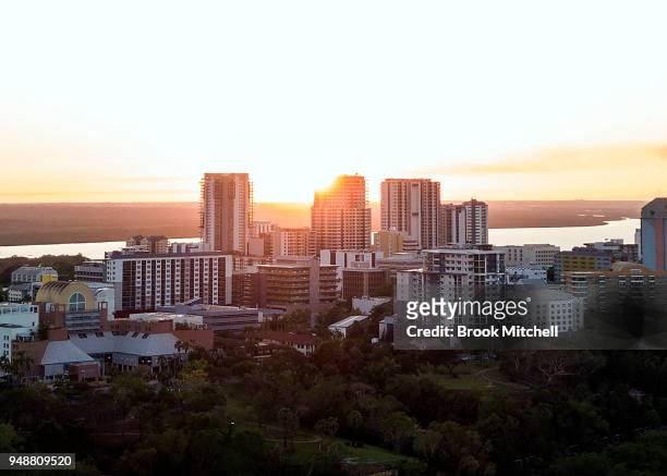 April 8: An aerial view of the Darwin City centre at sunrise on April 08, in Darwin, Australia.