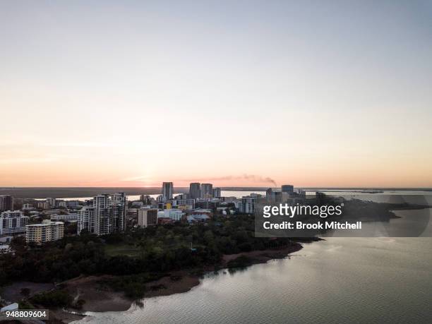 April 8: An aerial view of the Darwin City centre at sunrise on April 08, in Darwin, Australia.