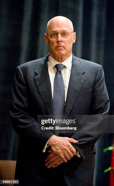 Henry Paulson, U.S. Treasury secretary, listens to his introduction before a speech to the American Bankers Association in Washington, D.C., U.S., on...