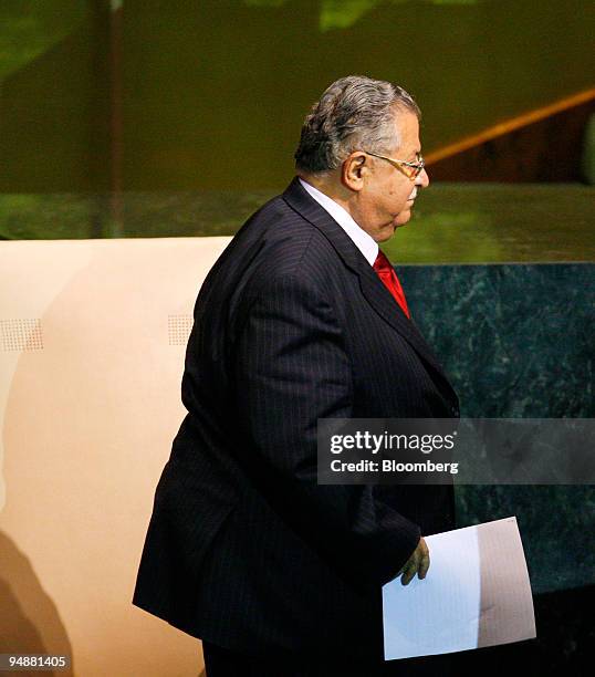 Jalal Talabani, Iraq's president, walks to the podium to speak at the 63rd annual United Nations General Assembly at the United Nations in New York,...