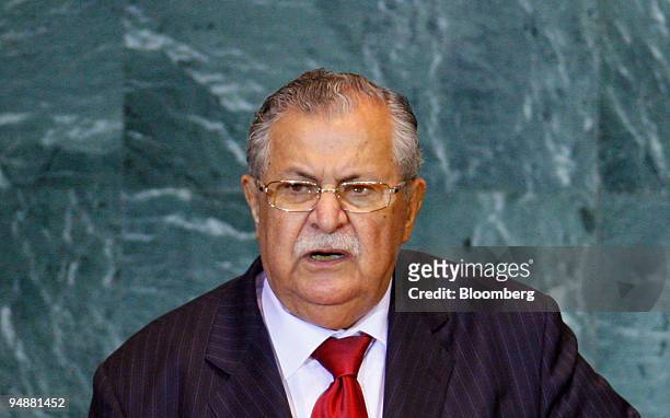 Jalal Talabani, Iraq's president, speaks at the 63rd annual United Nations General Assembly at the United Nations in New York, U.S., on Thursday,...