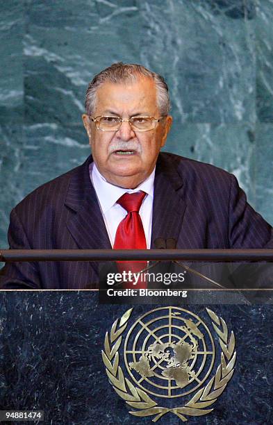 Jalal Talabani, Iraq's president, speaks at the 63rd annual United Nations General Assembly at the United Nations in New York, U.S., on Thursday,...