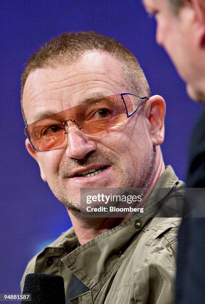 Bono speaks during day one of the Clinton Global Initiative in New York, U.S., on Wednesday, Sept. 24, 2008. The conference runs through Friday,...