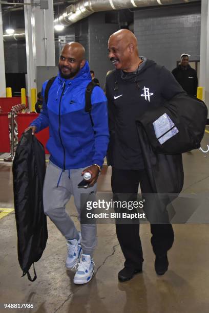 John Lucas III of the Minnesota Timberwolves and John Lucas of the Houston Rockets arrive at the arena before Game Two of Round One of the 2018 NBA...