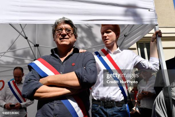 Leftist La France Insoumise party members of parliament Adrien Quatennens , Eric Coquerel and Clementine Autain take part in a a demonstration on...