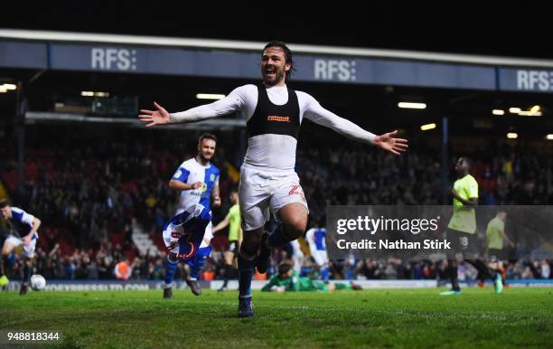 Bradley Dack of Blackburn Rovers celebrates after scoring the third goal during the Sky Bet League One match between Blackburn Rovers and...