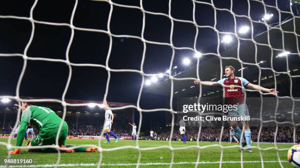 Chris Wood of Burnley celebrates after teammate Ashley Barnes scores their sides first goal during the Premier League match between Burnley and...