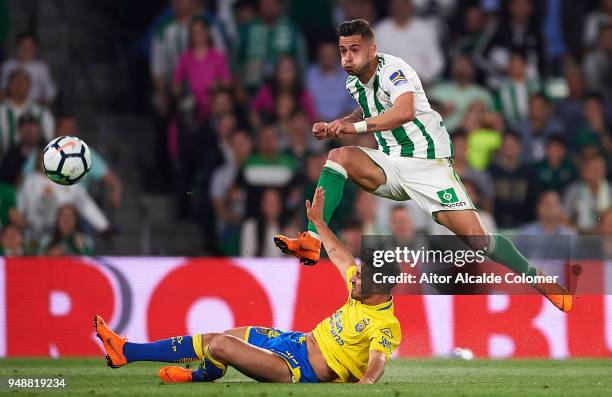 Sergio Leon of Real Betis Balompie shoots while is being followed by Ignacio Gil of Union Deportiva Las Palmas during the La Liga match between Real...