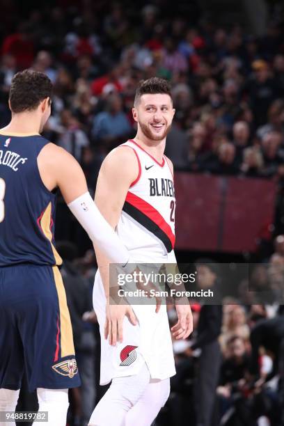 Jusuf Nurkic of the Portland Trail Blazers looks and during the game against the New Orleans Pelicans in Game One of the Western Conference...