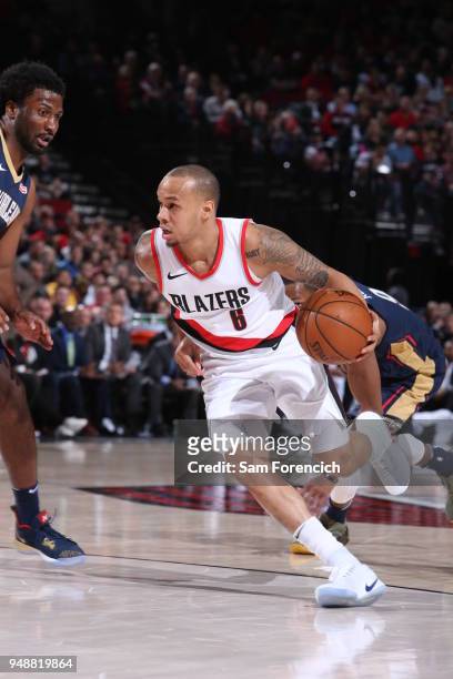 Shabazz Napier of the Portland Trail Blazers goes to the basket against the New Orleans Pelicans in Game One of the Western Conference Quarterfinals...