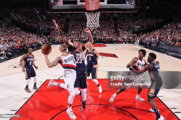 Damian Lillard of the Portland Trail Blazers shoots the ball against the New Orleans Pelicans in Game One of the Western Conference Quarterfinals...
