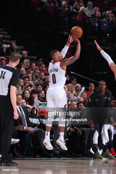 Damian Lillard of the Portland Trail Blazers shoots the ball against the New Orleans Pelicans in Game One of the Western Conference Quarterfinals...