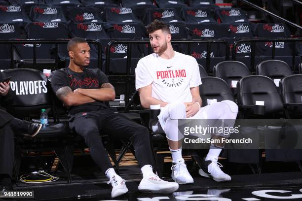 Jusuf Nurkic of the Portland Trail Blazers and Damian Lillard of the Portland Trail Blazers talk before the game against the New Orleans Pelicans in...