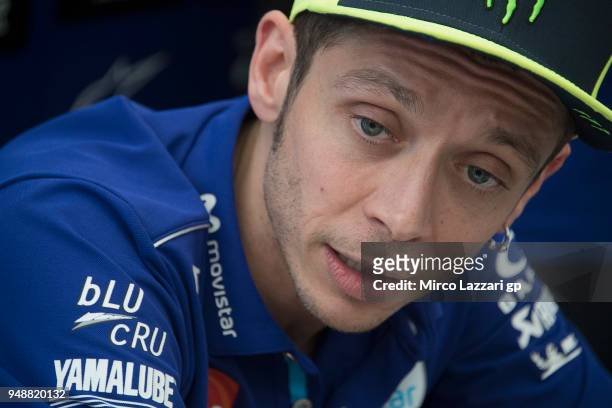 Valentino Rossi of Italy and Movistar Yamaha MotoGP speaks during the press conference in hospitality during the MotoGp Red Bull U.S. Grand Prix of...