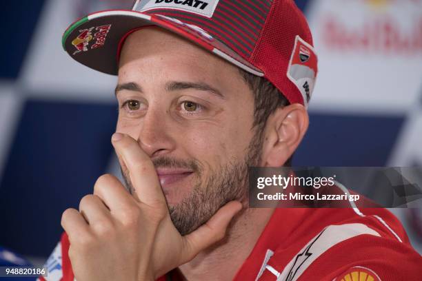 Andrea Dovizioso of Italy and Ducati Team smiles during the press conference during the MotoGp Red Bull U.S. Grand Prix of The Americas - Previews at...