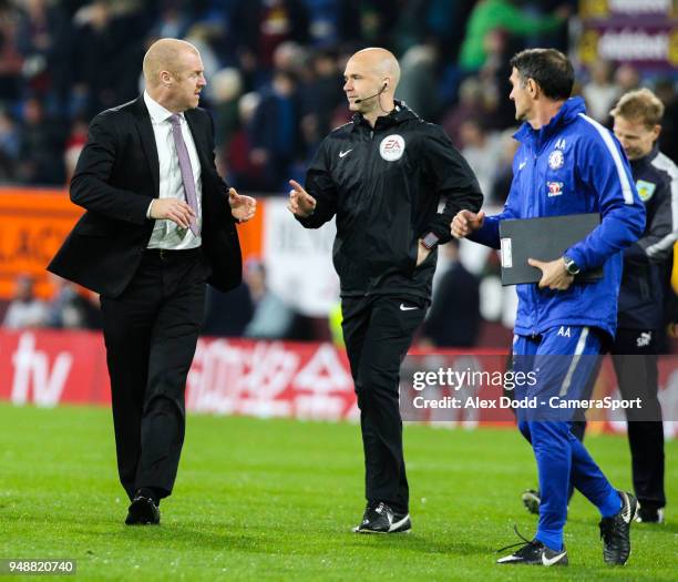 Burnley manager Sean Dyche has a word with fourth official Anthony Taylor after the first half during the Premier League match between Burnley and...