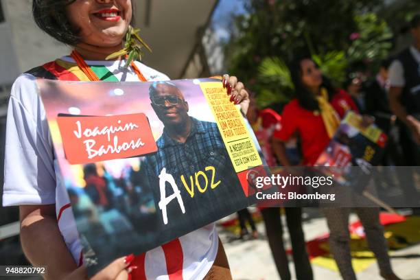 Supporters hold signs while they wait for the arrival of Joaquim Barbosa, former chief justice of Brazil's Supreme Federal Court, outside the the...