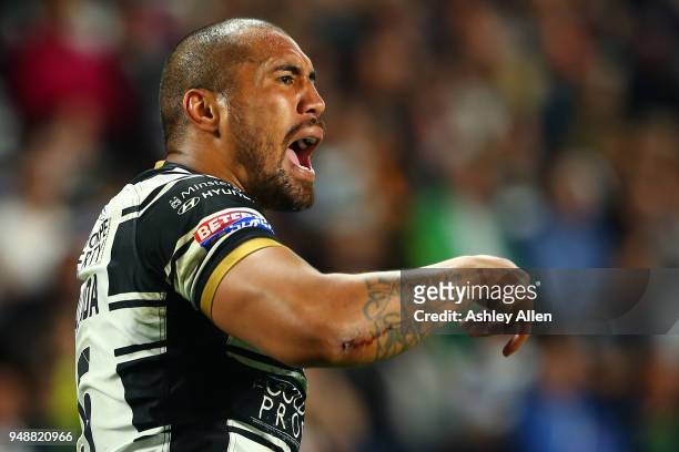 Fetuli Talanoa of Hull FC reacts during the BetFred Super League match between Hull FC and Leeds Rhinos at the KCOM Stadium on April 19, 2018 in...