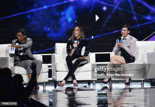 Lilly Singh, Winnie Harlow and Sofia Carson speak onstage at WE Day California at The Forum on April 19, 2018 in Inglewood, California.