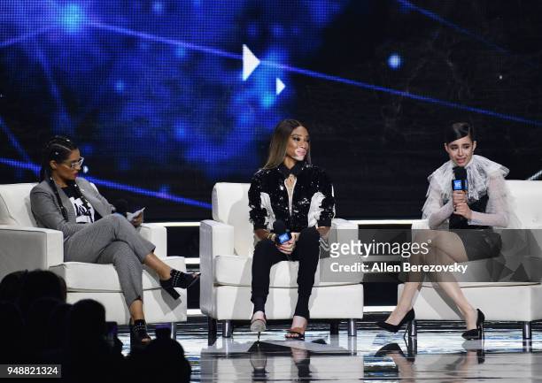 Lilly Singh, Winnie Harlow and Sofia Carson speak onstage at WE Day California at The Forum on April 19, 2018 in Inglewood, California.