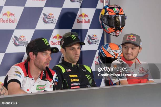 Cal Crutchlow of Great Britain and LCR Honda, Johann Zarco of France and Monster Yamaha Tech 3 and Jack Miller of Australia and Pramac Racing look on...