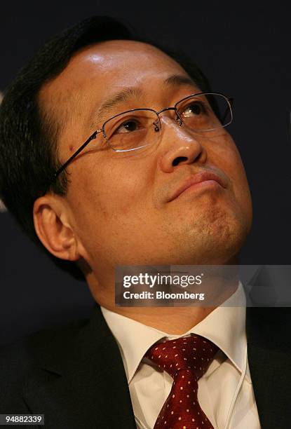 Kim Shin-Bae, president and chief executive officer of SK Telecom Co Ltd., listens during a session on day three of the World Economic Forum in...