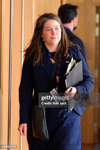 Aileen Campbell MSP, Minister for Public Health and Sport, on the way to First Minister's Questions in the Scottish Parliment, on April 19, 2018 in...