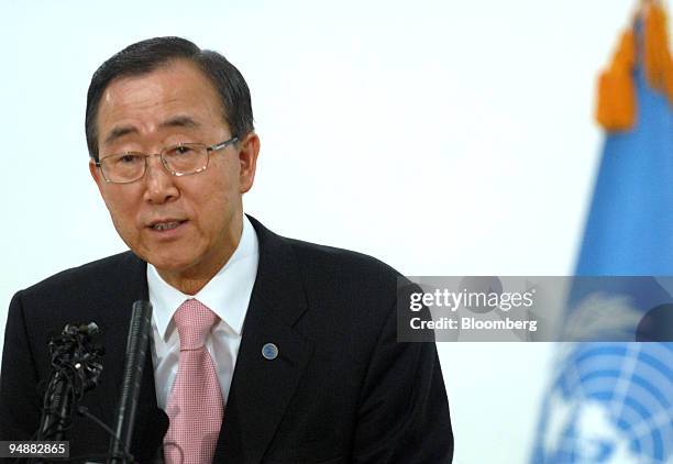 Ban Ki Moon, United Nations secretary-general, speaks during a joint news conference with Han Seung Soo, South Korea's prime minister, unseen, in...