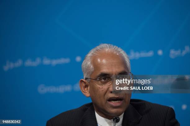 Eran Wickramaratne, Sri Lanka's State Minister of Finance and Mass Media and Chairman of the G-24, holds a press conference during the 2018 Spring...