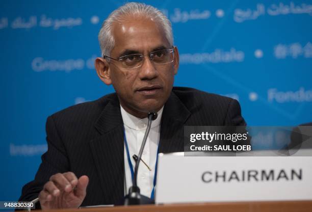 Eran Wickramaratne, Sri Lanka's State Minister of Finance and Mass Media and Chairman of the G-24, holds a press conference during the 2018 Spring...