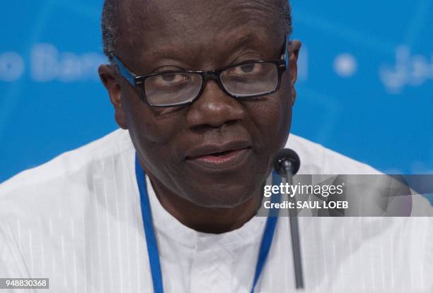 Kenneth Ofori-Atta, Finance Minister of Ghana and Second Vice-Chair of the G-24, holds a press conference during the 2018 Spring Meetings of the...