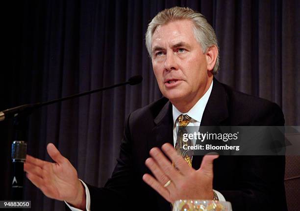 Rex Tillerson, president of Exxon Mobil Corporation, gives a press conference after the annual shareholders meeting at the Meyerson Symphony Center...