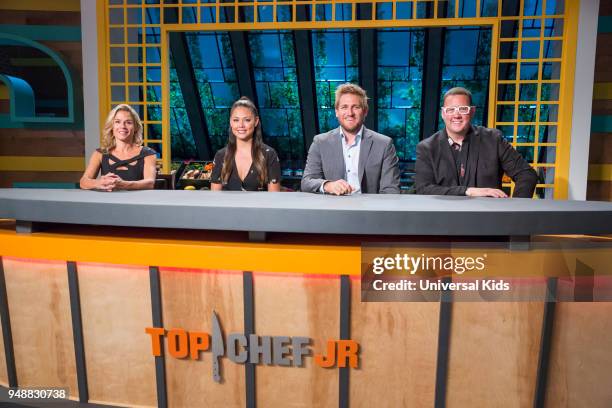 Episode 110 -- Pictured: Guest Judge Cat Cora, Host Vanessa Lachey, Head Judge Curtis Stone, Guest Judge Graham Elliot --