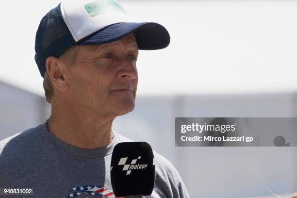 Kevin Schwantz of USA speaks with journalists in paddock during the MotoGp Red Bull U.S. Grand Prix of The Americas - Previews at Circuit of The...