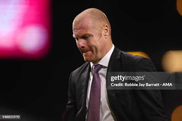 Dejected Sean Dyche manager / head coach of Burnley at full time during the Premier League match between Burnley and Chelsea at Turf Moor on April...