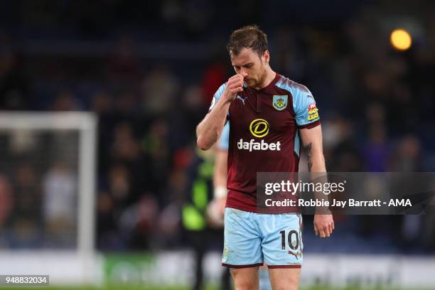 Dejected Ashley Barnes of Burnley at full time during the Premier League match between Burnley and Chelsea at Turf Moor on April 19, 2018 in Burnley,...
