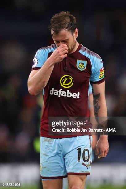Dejected Ashley Barnes of Burnley at full time during the Premier League match between Burnley and Chelsea at Turf Moor on April 19, 2018 in Burnley,...